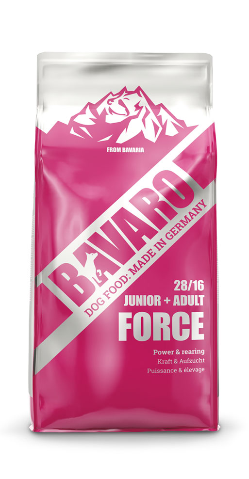 Bavaro_Force_Frontal_mit-Schatten BAVARO FORCE ukusna, cjelovita hrana za mlade i odrasle pse svih pasmina koji trebaju mnogo energije. Hrana pruža energiju za naporaniji rad i izdržljivost. Dragocjene masne kiseline u sastavu hrane potiču rast dlake i zdravu kožu. Prirodna vlakna pomažu regulaciji probave.