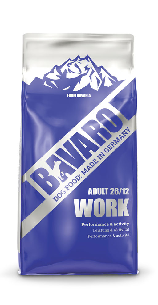 Bavaro_Work_Frontal_mit-Schatten BAVARO WORK ukusna, cjelovita hrana za mlade i odrasle pse svih pasmina koji trebaju mnogo energije. Hrana pruža energiju za naporaniji rad i izdržljivost. Dragocjene masne kiseline u sastavu hrane potiču rast dlake i zdravu kožu. Prirodna vlakna pomažu regulaciji probave.